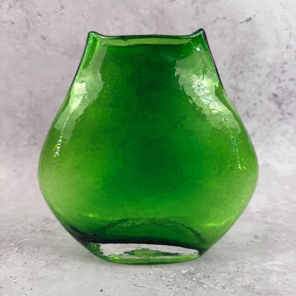 Mid Century Green Glass Pillow Vase Large Textured Hand Blown MCM